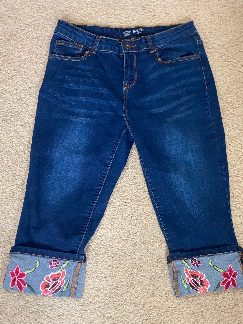 Sandpiper Dark Blue Cropped Jeans with Embroidered Cuffs